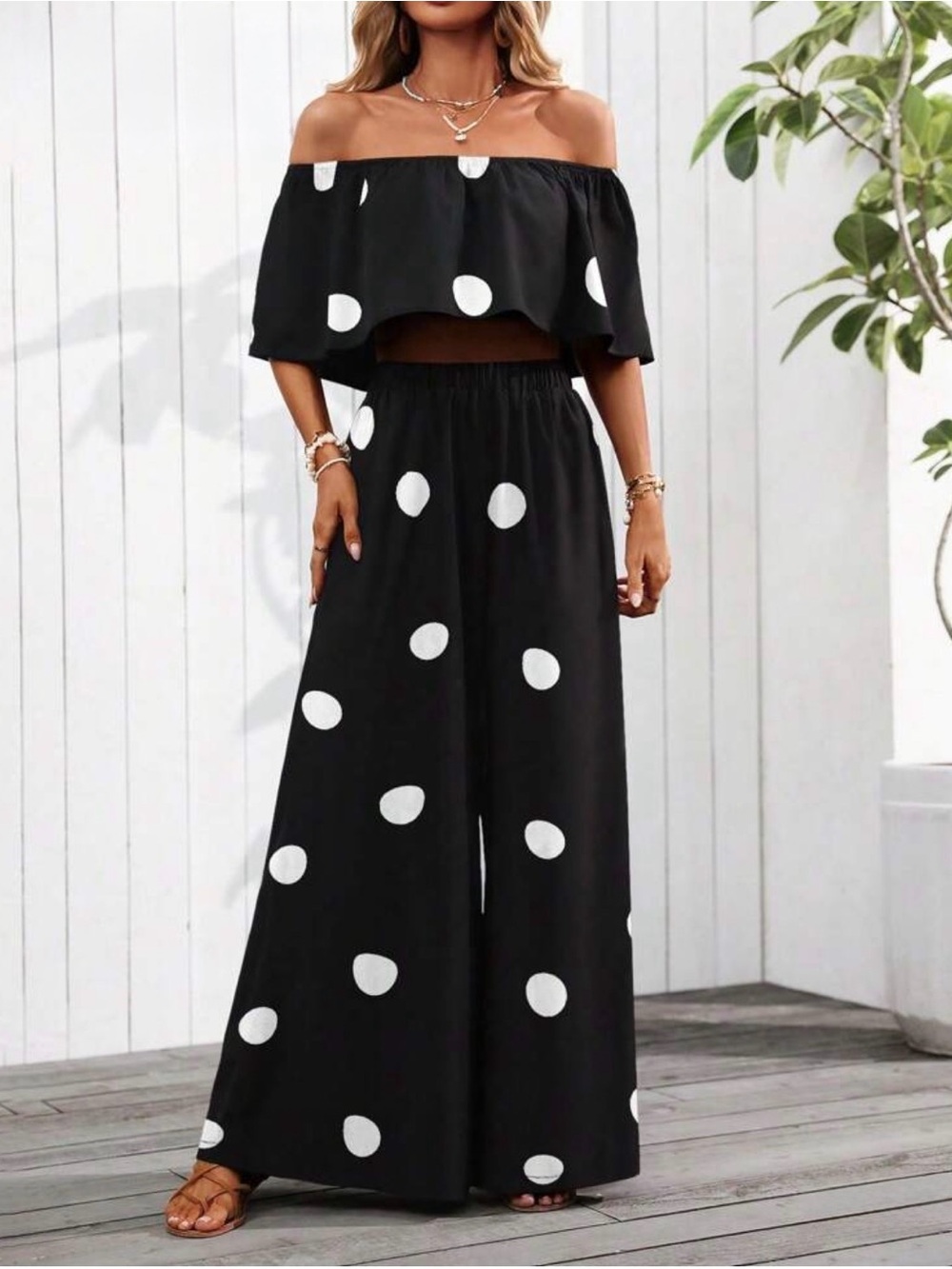 Off-Shoulder Black Polka Dot 2-piece Set